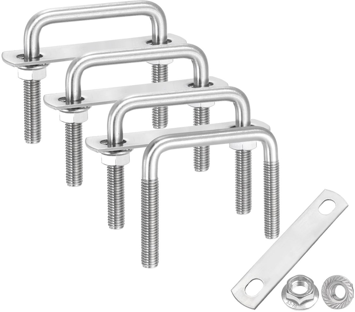 4 sets vierkante U-bouten binnen breed M8 2-3/8 inch, lengte 2-3/8 inch U-bouten van roestvrij staal 304 met moeren, bevestigingsplaten, voertuigen (60 mm L x 60 mm L)