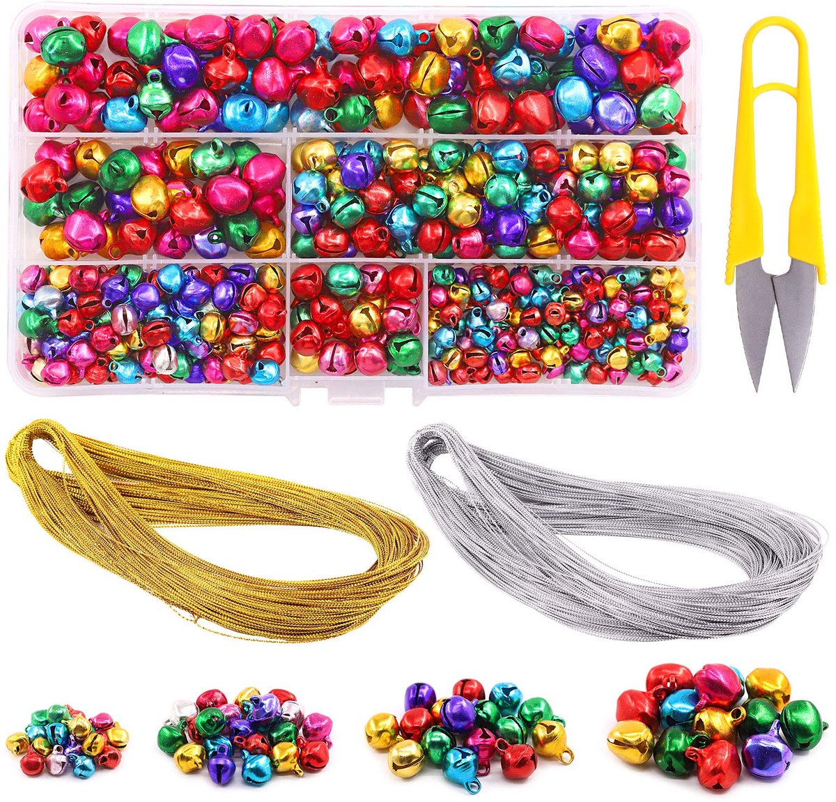 403 stuks Kleurrijke 4 maten Kerstmis Jingle Bells assortiment kit met 200m gouden sliver koord, Jingle Bells en ambachtelijke, perfect voor Kerstfeest decoraties ambachtelijke decoraties