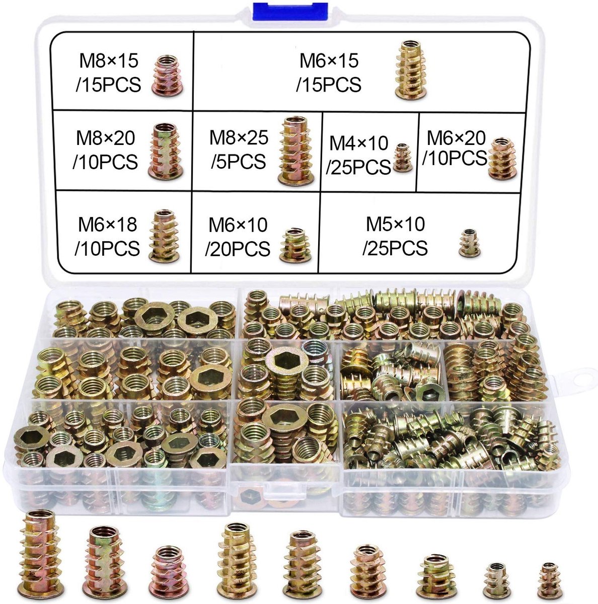 Inschroefmoeren met schroefdraad, Moeren, Hout, Inschroefschroefdraad, 135 stuks, M4, M5, M6, M8, Inzetstukken, Inschroefmoffen, Assortiment voor Houten Meubels