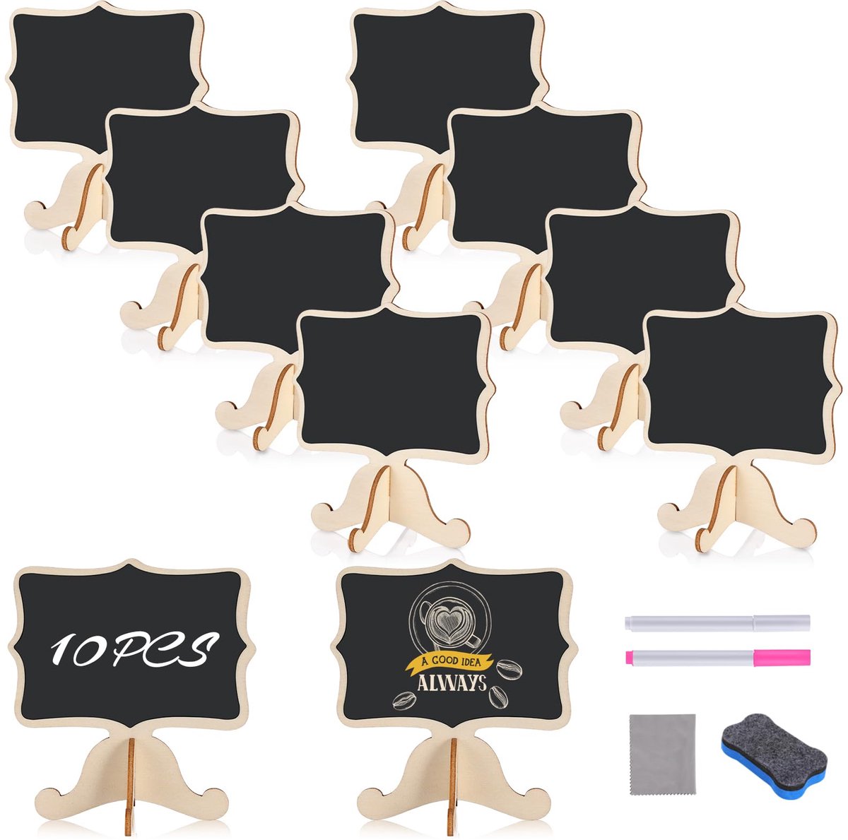 10 Stuks Kleine Houten Krijtbord met Standaard, Verwijderbaar Minikrijtborden, Afveegbaar Mini-Bord, Herbruikbaar Memobord voor Woninginrichting, Voedseletiketten, Prijskaartjes