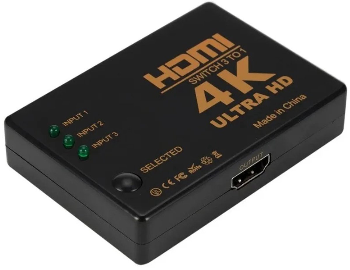 DrPhone HDMI Switch 3-in-1-uit – Handmatige HDMI Schakelaar – 3 Apparaten op 1 TV, Monitor of Beamer – Zwart