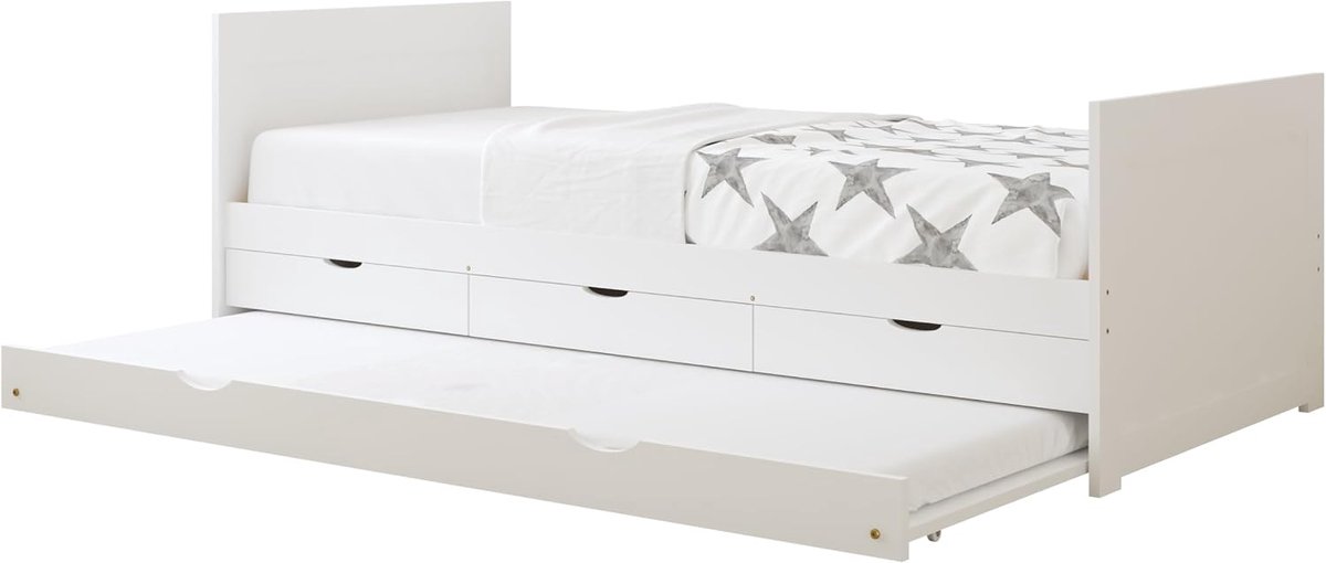 Eli Kinderbed van Hout met 3 Lades in Wit | Kajuitbed met Uitschuifbed Inclusief Hybrid Matras 90x200 (14 cm, Hybrid foam, polyester hoes) | Volledige afmetingen (LxBxH): 206,5 x 97 x 75 cm