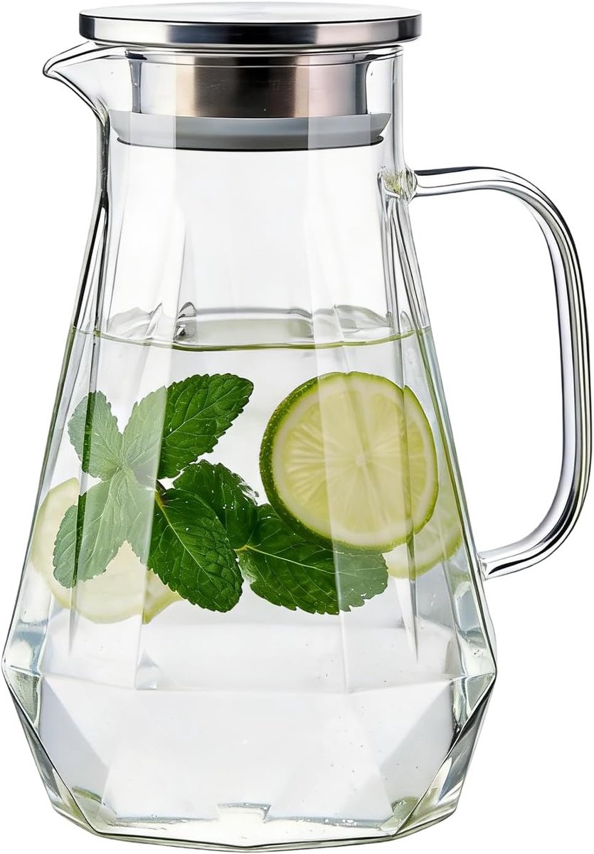 karaf, 1,5 l waterkaraf, waterkan met deksel, handvat en ruitstructuur, hittebestendige en transparante waterkan van borosilicaatglas voor warme of koude zelfgemaakte dranken