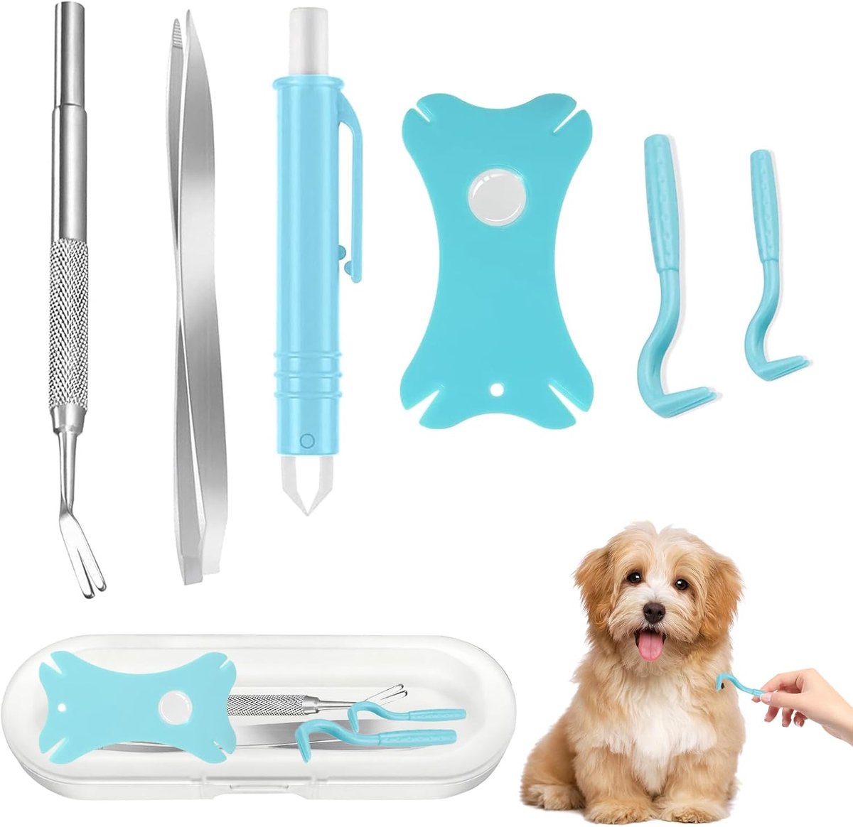 7 Stuks Tekentang Set voor Honden, Katten en Mensen – Met 3 Tekenhaken, Pincet, Tekentang, Tekenkaart met Loep en Opbergdoos, Veilig en Nauwkeurig Teken Verwijderen