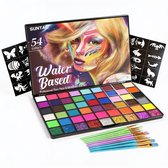 Suntac Schminkset Kind & Volwassenen - 54 Kleuren Schmink op Waterbasis - Inclusief 10 Penselen & 6 Sjablonen - Voor Halloween, Carnaval & Kinderfeestje