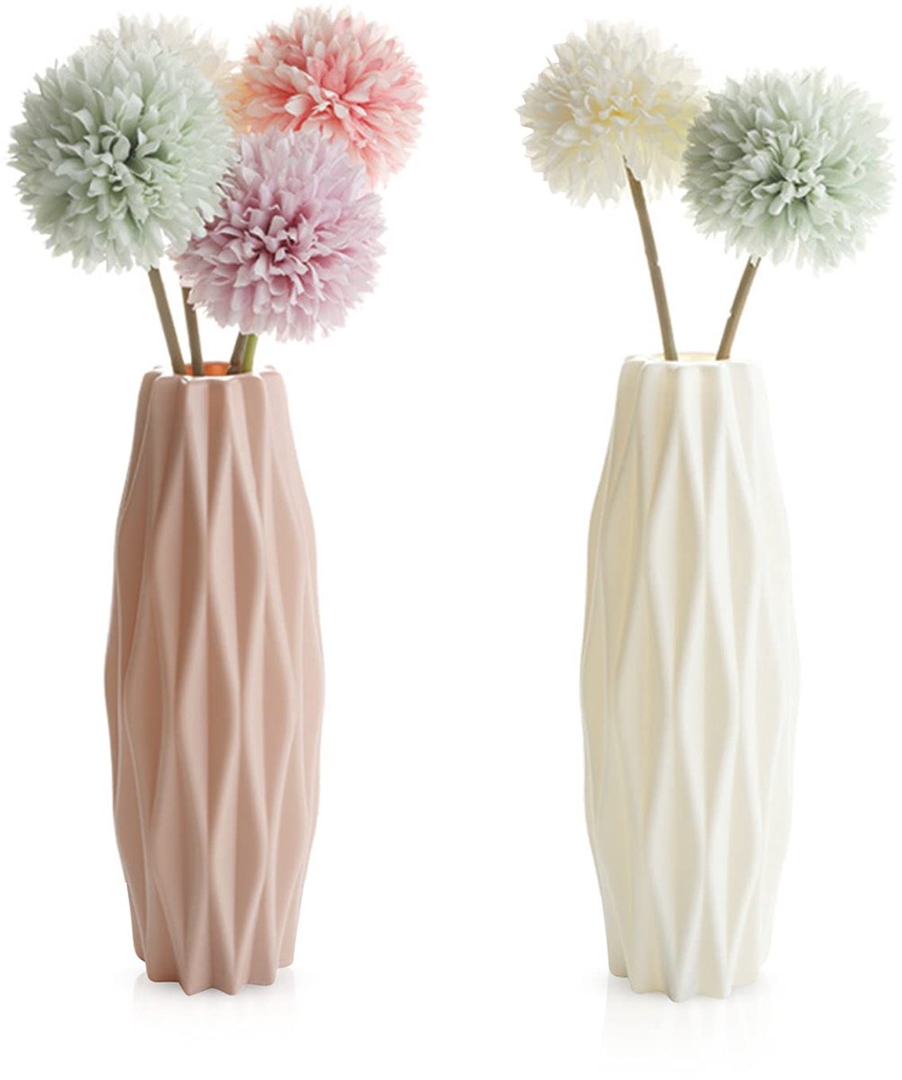 Kunststof vazen 2 stuks - imitatie keramiek - lichte bloempotten - perfect voor kantoor (roze, wit) - SnelShoppen
