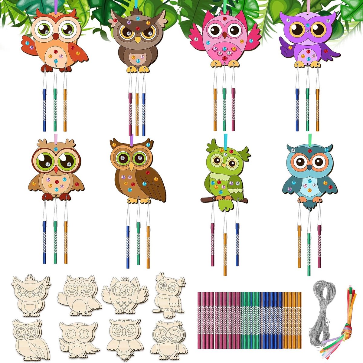 16 stuks windgong kits voor kinderen, maak je eigen uil windgong doe-het-zelf kleurverf uil houten kunst en ambachten verjaardagscadeaus voor meisjes jongens kerst ornament ambachten