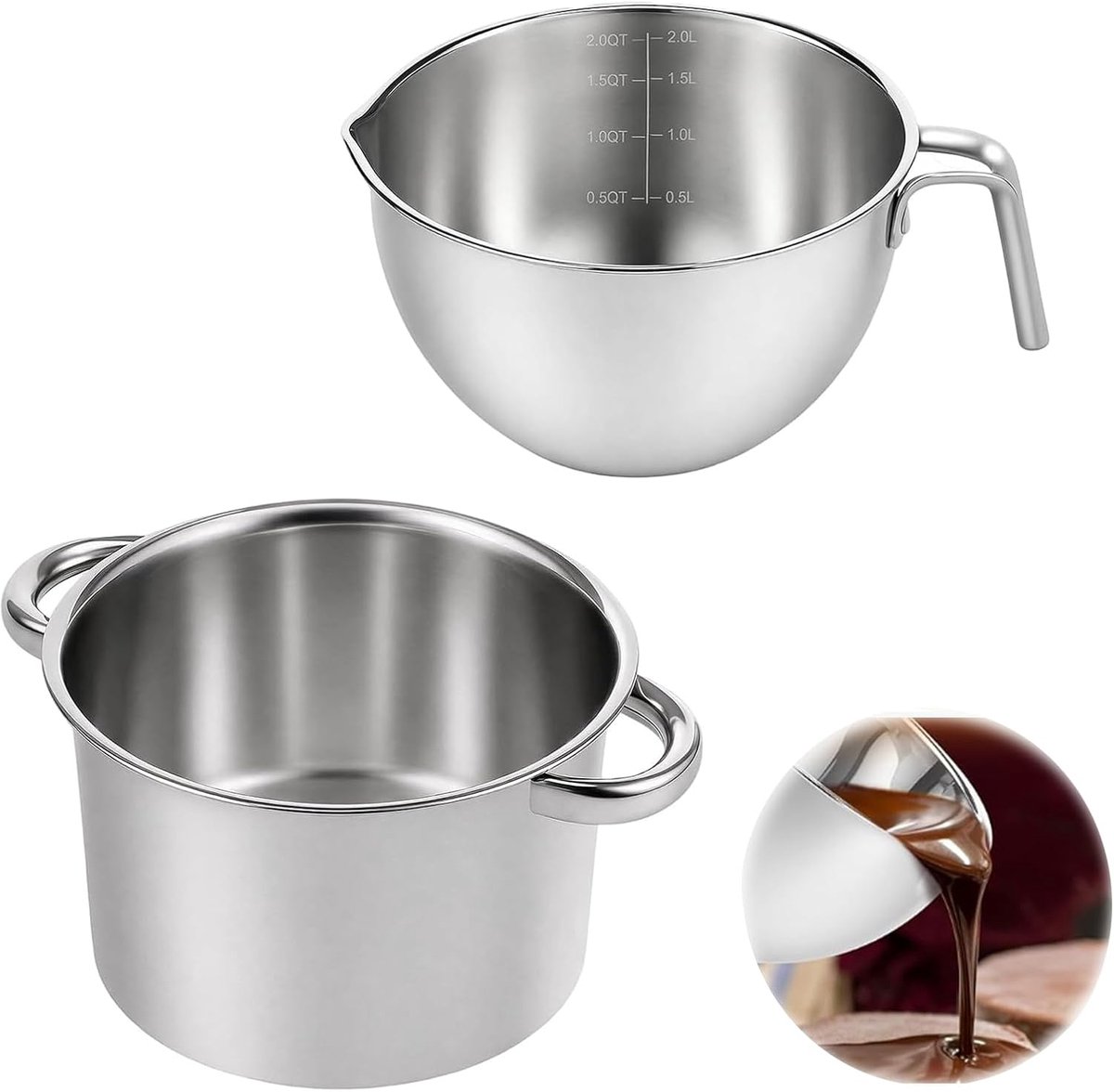 Smeltpan roestvrij staal, 2,6 l waterbad kom en 2 l smeltpot smeltkom met handvat, waterbad smeltschaal, chocoladesmeltapparaat voor boter, karamel, kaas