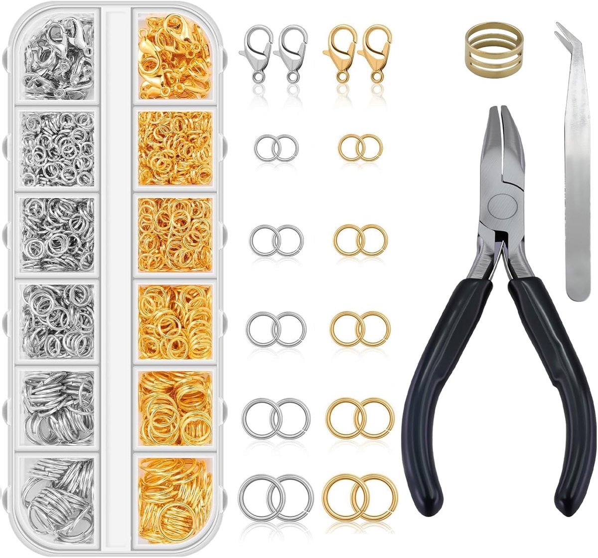 1304 stuks splitringenset, gouden en zilveren buigringen, karabijnsluiting en verlengkettingen, met pincet, splitringtang en buigringopener, gouden zilveren jump rings DIY voor kralenarmbanden