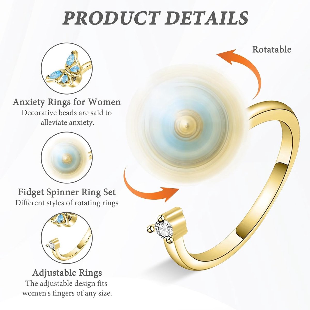 10 stuks angst ring goud anti-stress fidget angst ring stressring vinger draairing lost stress en spanning ontspant de geest verstelbaar ontwerp, geschikt voor dagelijks gebruik, reizen, werk
