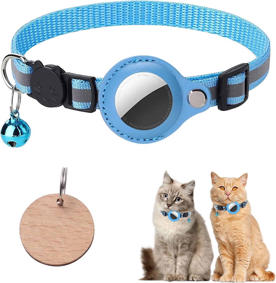 Airtag kattenhalsband, Airtag-halsband kat met belletje, GPS-tracker kat, reflecterend met veiligheidsgesp, Airtag niet inbegrepen, licht, blauw