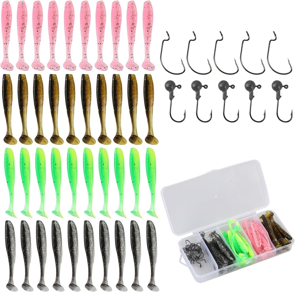 50 stuks hengelaasset met jigkoppen en rubberen vissen, wobbler set voor zoet en zout water, snoekbaars en forel wobbler, veelzijdige hengelaasset voor snoek, baars en snoekbaars