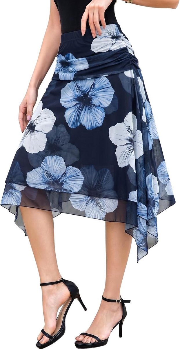 Damesrok, midi-rok, hoge taille met elastische tailleband, onregelmatige flowy rok met binnenvoering, knielang