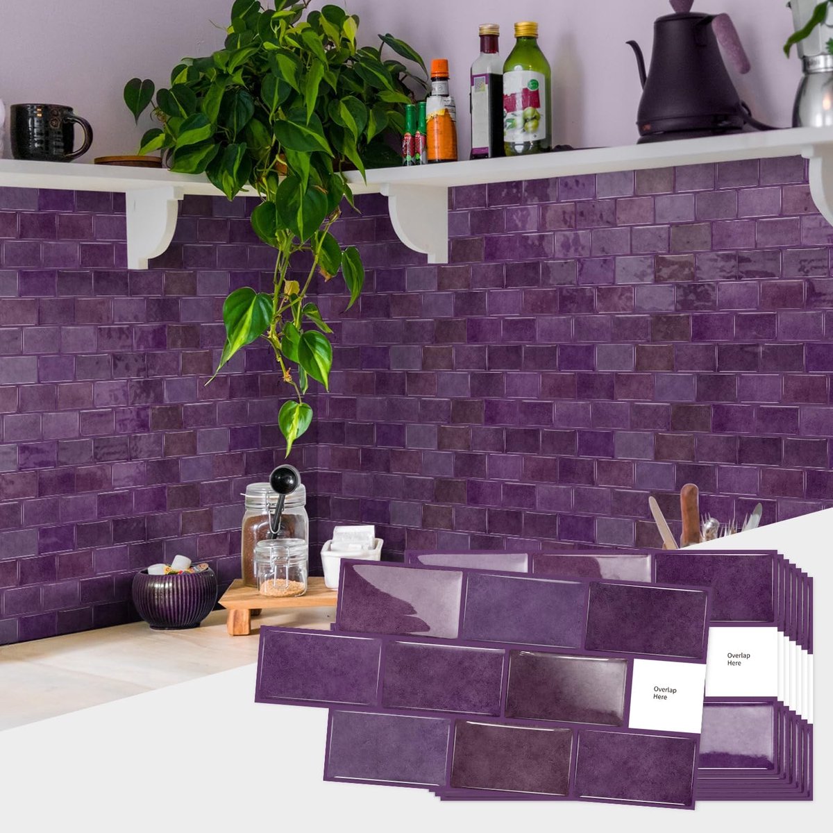 Tegelstickers van 15 x 30 cm x 10 stuks, afpellen en opplakken, waterdichte spatwand, tegelstickers voor keuken, badkamer muur, donkerpaars, 15 x 30 cm x 10 stuks