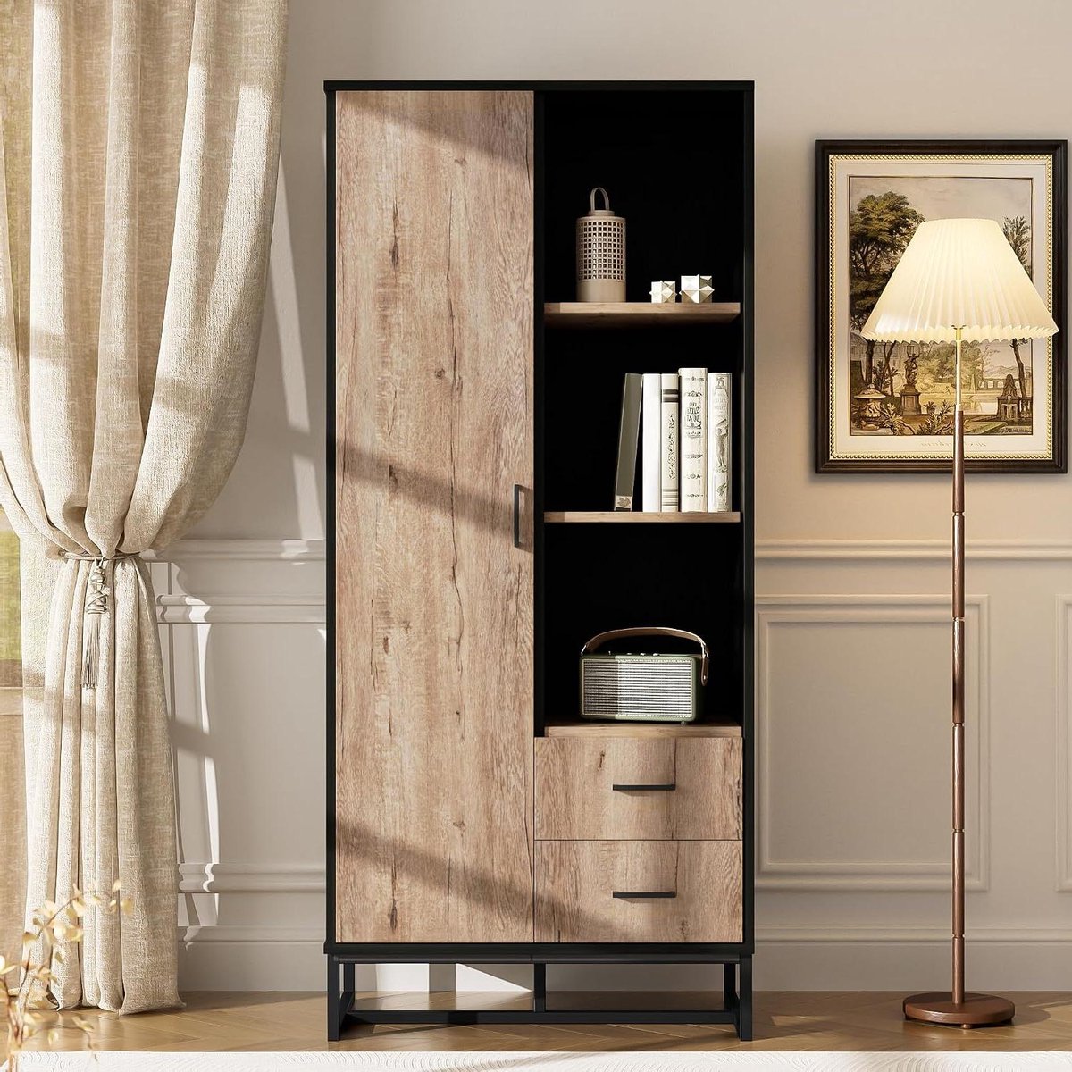 Hoge Opbergkast - Woonkamerkast - Ruimte Organiseren - Veelzijdige Vakkenindeling - 80x40x180 cm - Houtlook