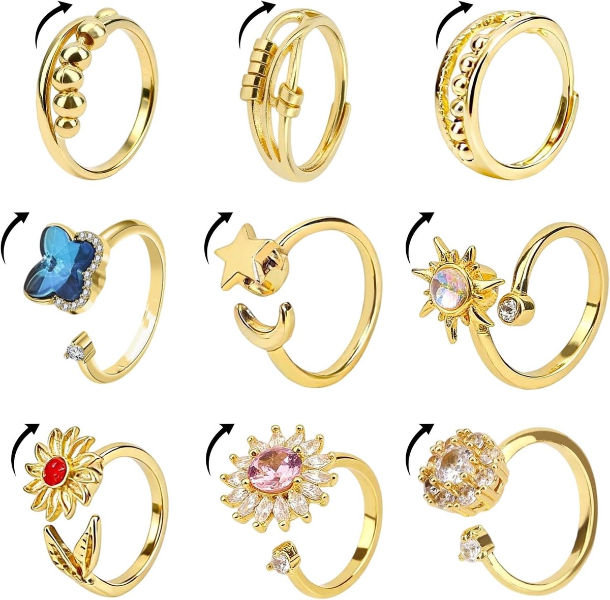 Ringen, draaibare angstringen, angstringen voor dames, anti-stress-ring, maan en ster, verstelbaar, voor jongeren en meisjes