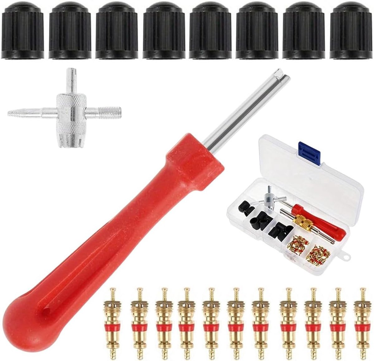 Reparatieset bandenventielen 4-in-1 - inclusief sleutel en trekker - 20 ventieldoppen - SnelShoppen