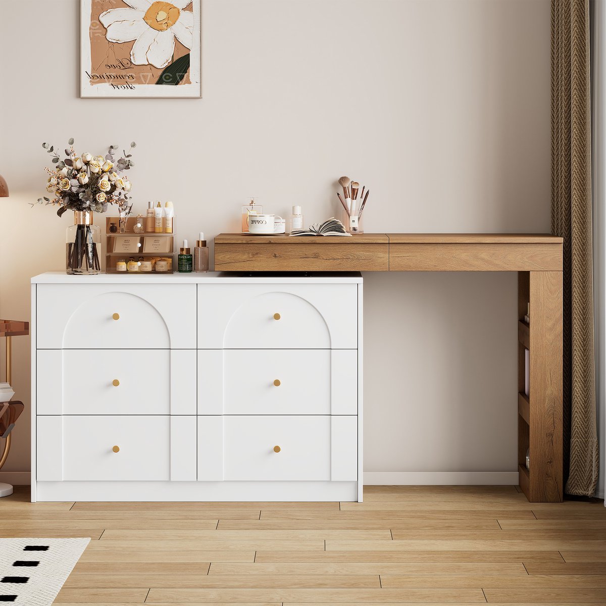 Draaibare Kaptafel Met LED Spiegel - L-vormige Make-Up Tafel En Bureau Met 7 Laden, Opbergrek En Houtlook Design - Witte Kaptafel Voor Slaapkamer