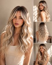 Pro Care Excellent Quality® Dames Pruik Ombre Donkerbruin Blond – Lang Golvend Haar – Wasbaar - Hittebestendig tot 150°C – Lichtgewicht - 63 cm