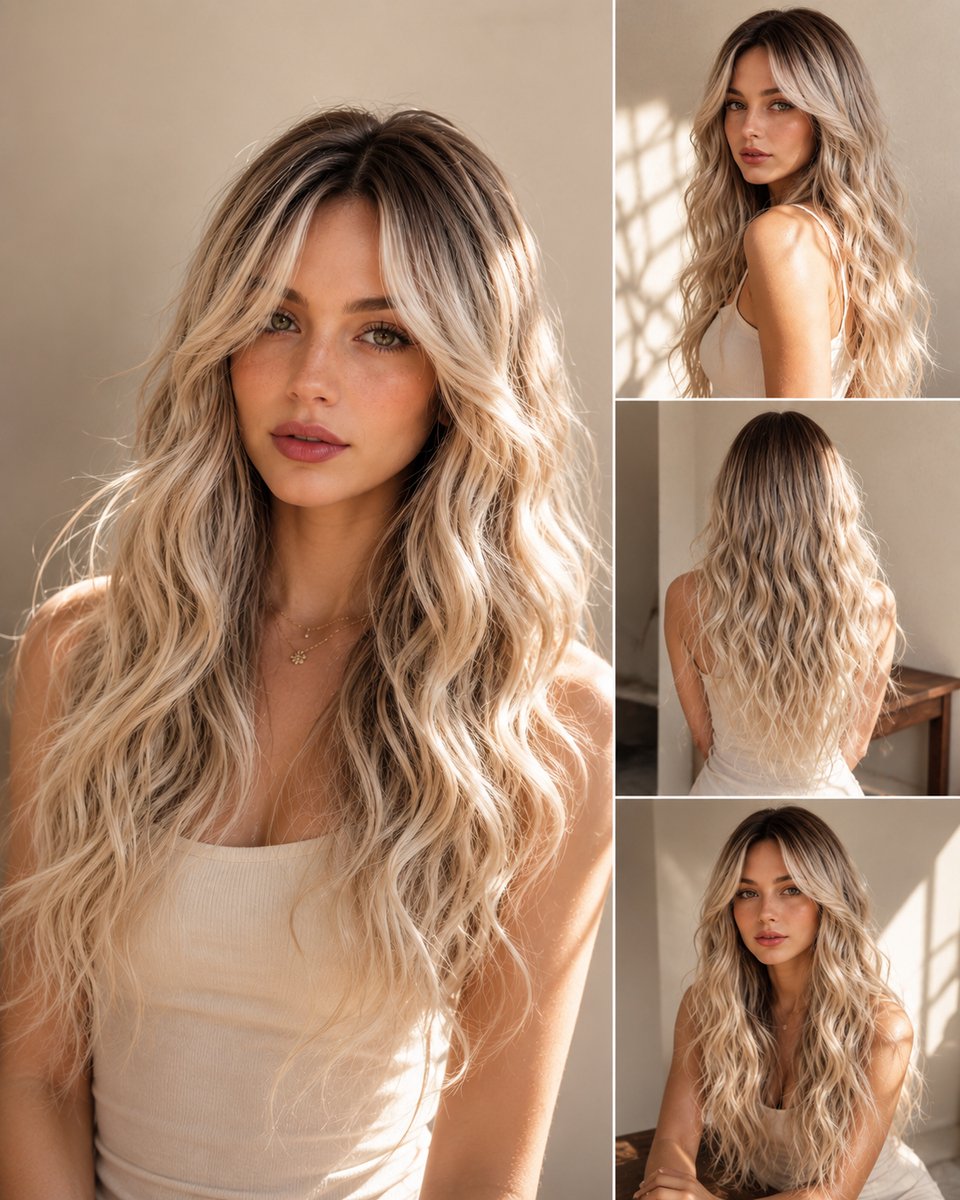 Pro Care Excellent Quality® Dames Pruik Ombre Donkerbruin Blond – Lang Golvend Haar – Wasbaar - Hittebestendig tot 150°C – Lichtgewicht - 63 cm