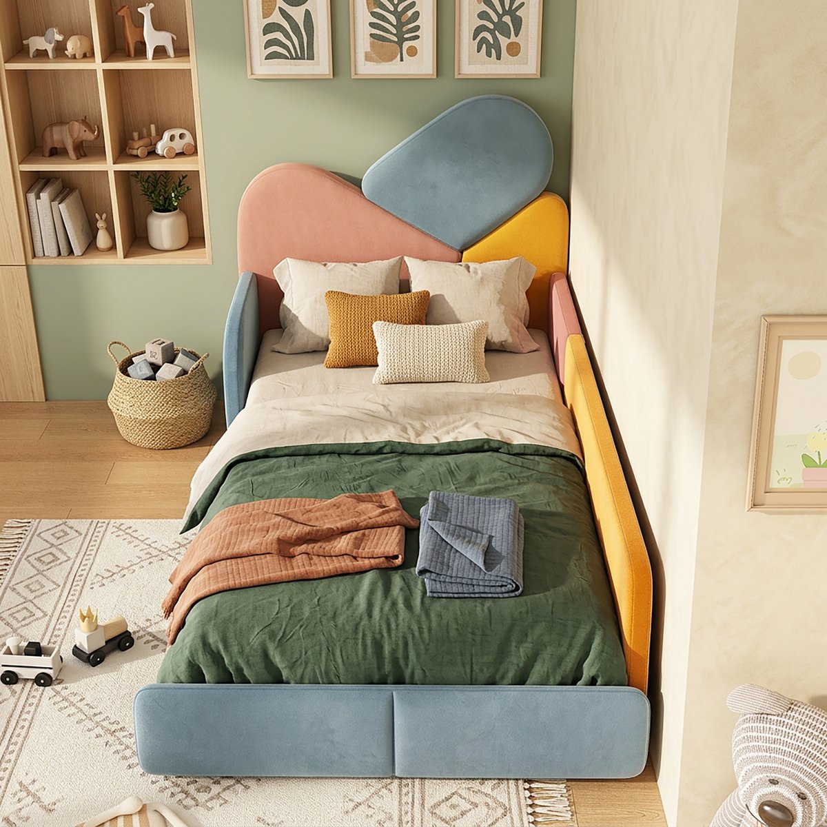 Kinder Polsterbed 90x200 cm - Multicolore Bed met Hoog Sidenschot - Blauw+Multi