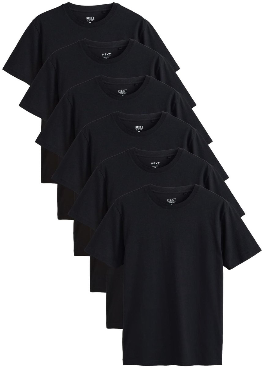 Next - Heren - Set van 6 basic slim-fit T-shirts - Zwart