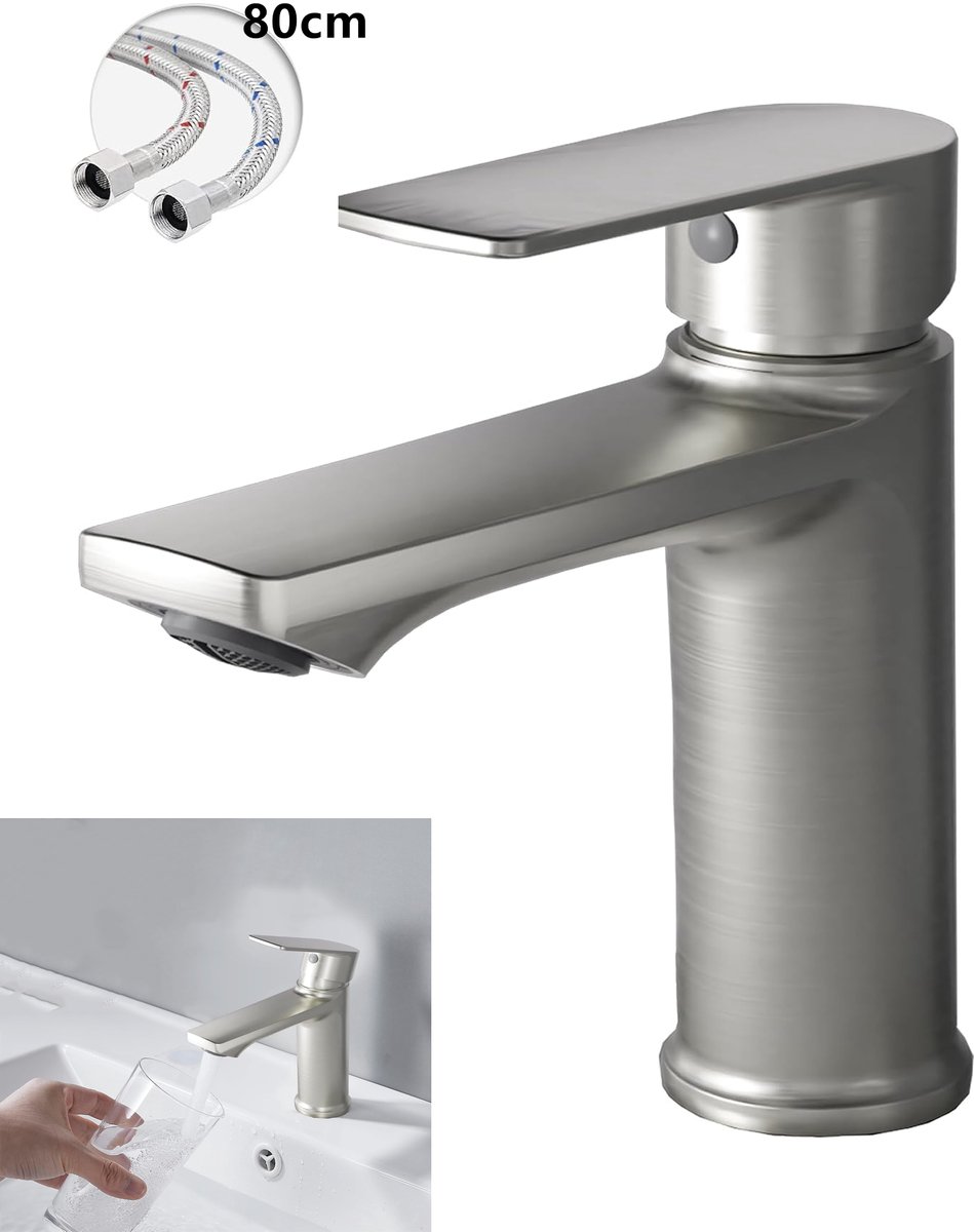 KZQ Badkraan Wastafelkraan - Eengreeps Mengkraan - Waterval - Warm Koud - Geborsteld Nikkel - Laag Model - Incl 80cm Slang