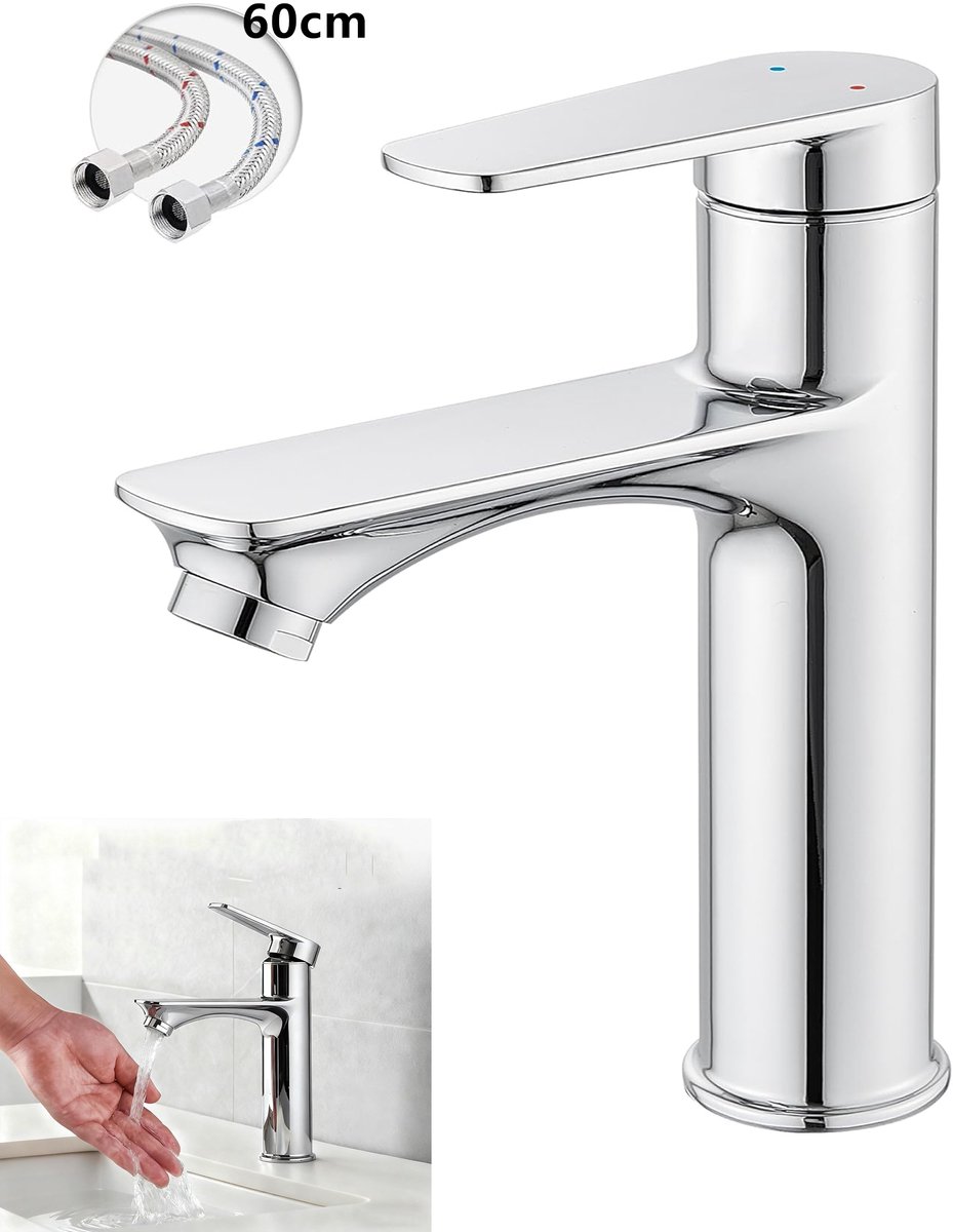 KZQ Wastafelmengkraan - Chroom - Eengreeps - Warm En Koud - Incl 60cm Slangen - Messing - Antilek Keramiek Patroon - Waterbesparend - Geschikt Voor Moderne Badkamer