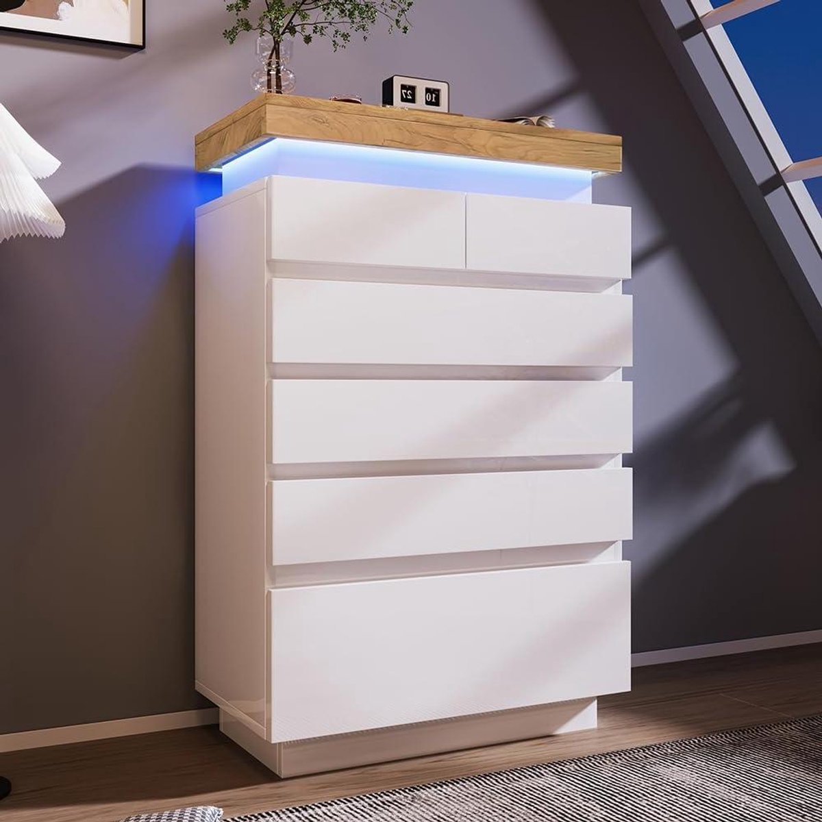 Ladekast Zes Lades - Opbergmeubel - Woonkamer Organiseren - Intelligente LED Verlichting - 115 x 73 cm - Wit