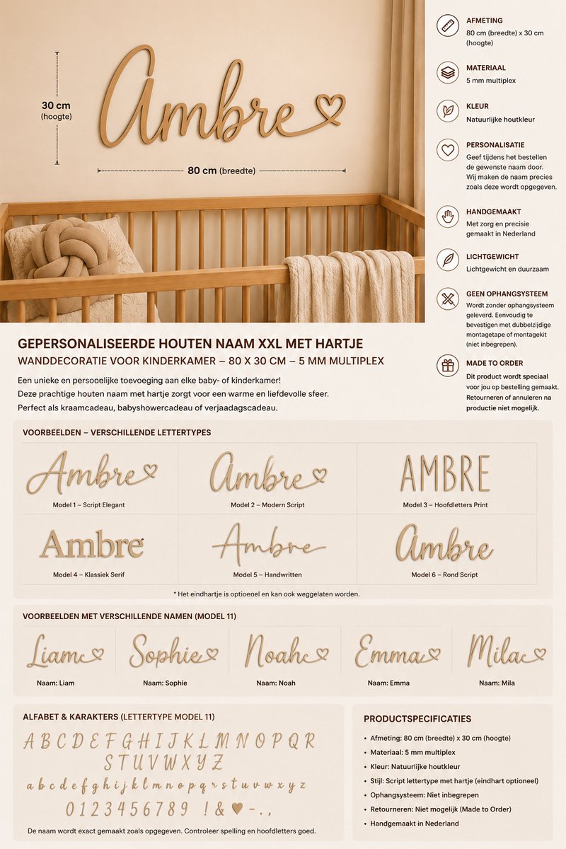 Gepersonaliseerde Houten Naam XXL met Hartje – Wanddecoratie Kinderkamer – 80 x 30 cm – 5 mm Multiplex – Babykamer Decoratie/ baby / babykamer