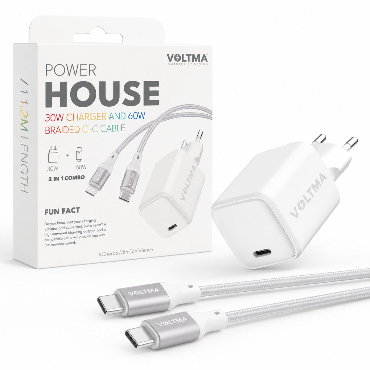 Voltma 30B60CC 30W USB-C Universele Snellader met 60W USB-C naar USB-C Kabel 1,2 m – GaN Oplader met PPS – Wit