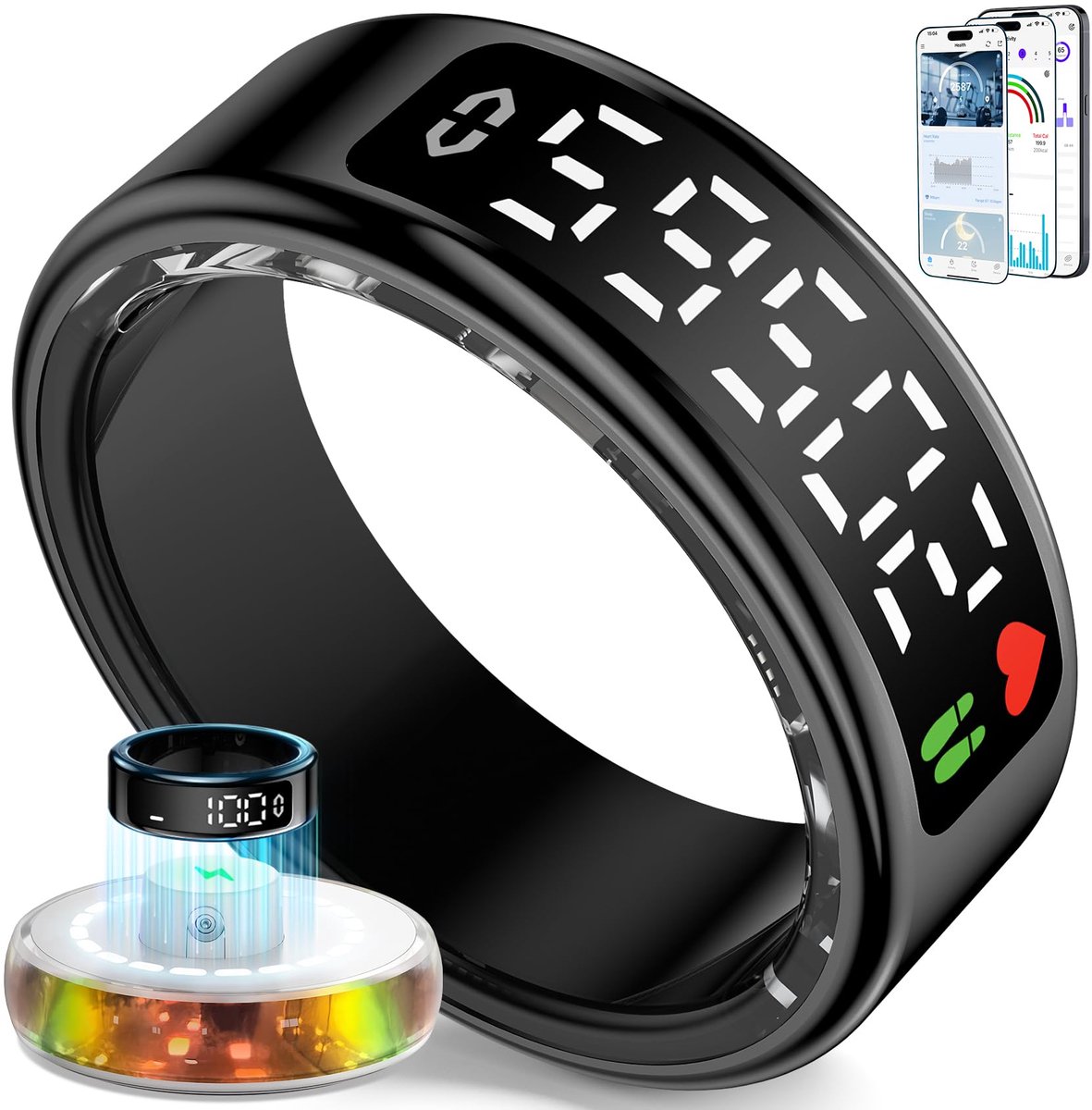 Ring voor Mannen en Vrouwen, 2026 Smart Ring met LED Scherm, IP68 waterdicht, Fitness Tracker voor het monitoren van de pulsmeter/SpO2/HRV, compatibel met iOS en Android (Zwart, 13)