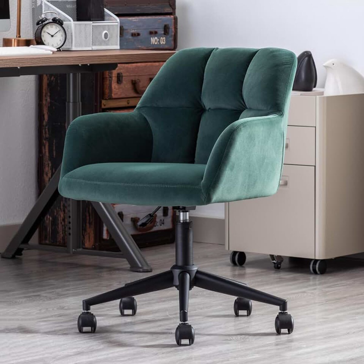 Chairus Bureaustoel Fluwelen Fauteuil Gestoffeerde Thuiskantoorstoel 360° Draaibare Bureaustoel met Verstelbare Hoogte (Groen_2)