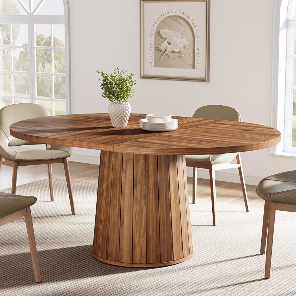 Ovale eettafel voor 6 personen, 140 cm boerderijhouten eettafel, rustieke keukentafel met houten tafelblad en cilindrische sokkel voor eetkamer (bruin)