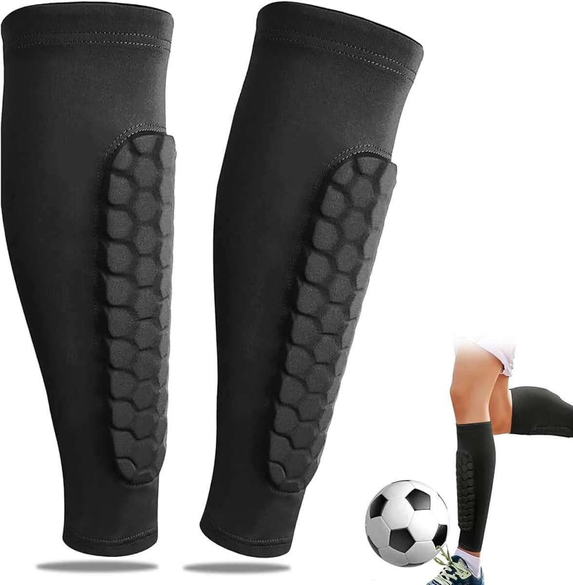 Scheenbeschermers, voetbalscheenbeschermers, honingraatcompressiemouw voetbal scheenbeschermers, flexibel comfort en bescherming, voetbalscheenbeschermers voor tieners en volwassenen