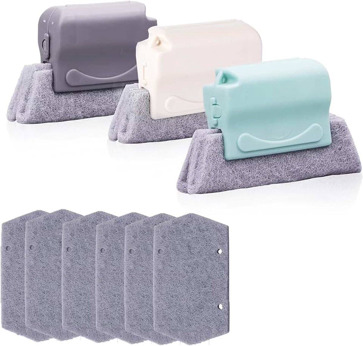 Reinigingsborstel met sleuf, 3 stuks reinigingsborstels en 6 reservepads, keukenreinigingsset, voor het reinigen van alle hoeken van ramen en deuren, grijs, groen, crèmekleurig