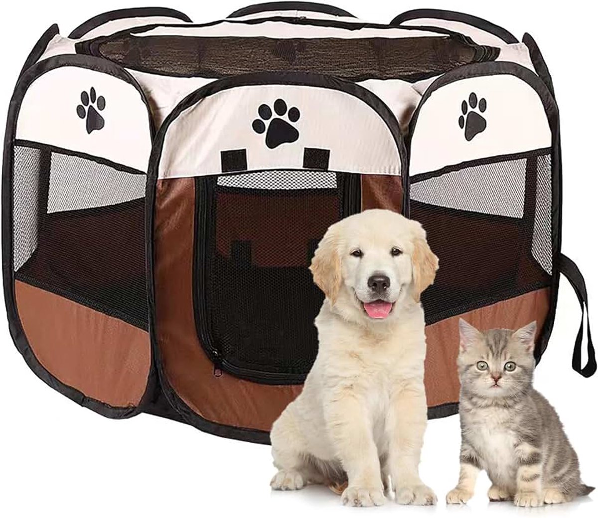 Hondenhek, Box Hondenproducten voor binnen en buiten, Waterdichte Oxford Doek Puppy Box, Geschikt voor kleine katten, honden, konijnen (L-Bruin)