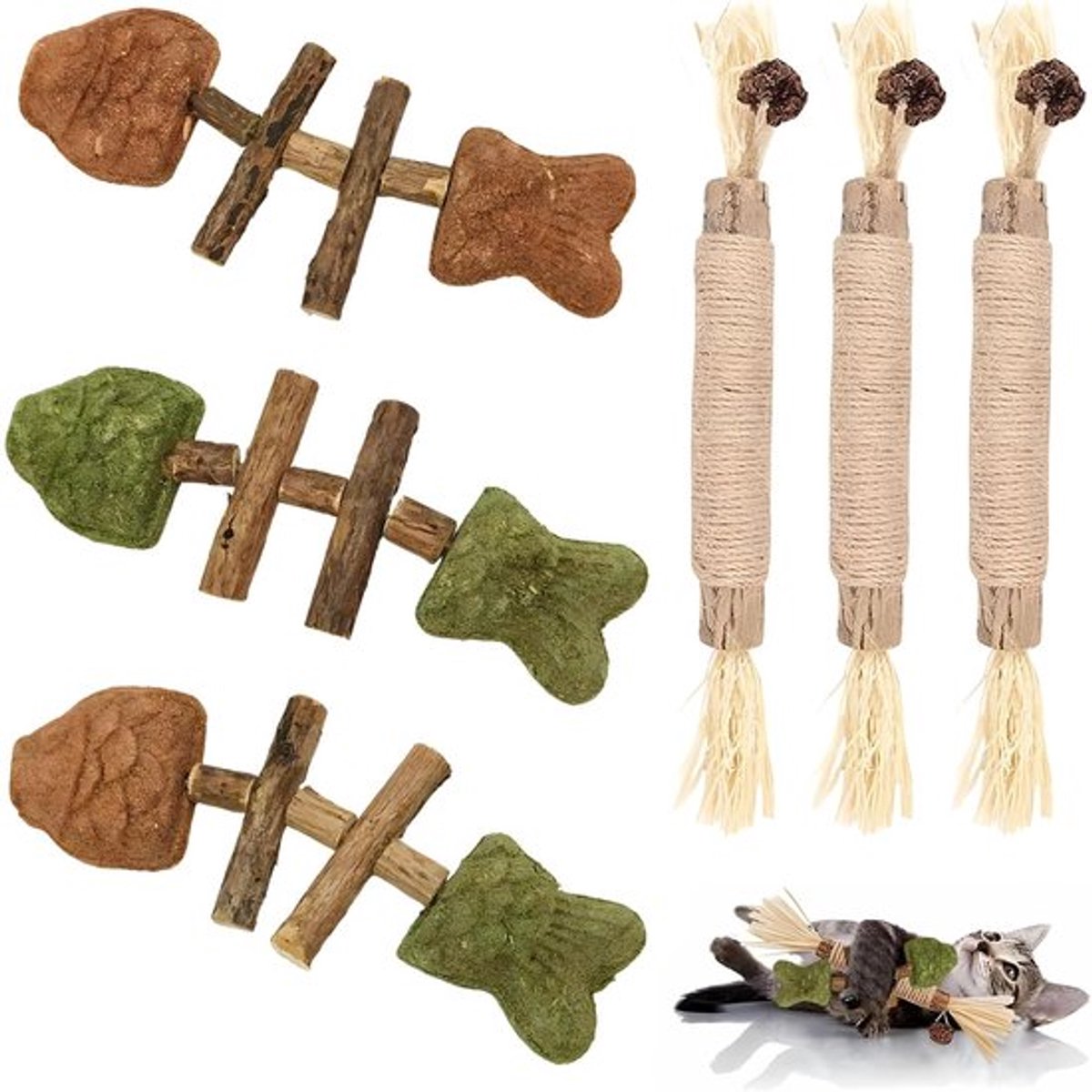 6 stuks kattenkruidspeelgoed - 3 kattenkruidstokjes - 3 kattenkauwhouten stokjes - voor katten - tandverzorging - tegen slechte adem - kattenspeelgoed - tandverzorging voor katten