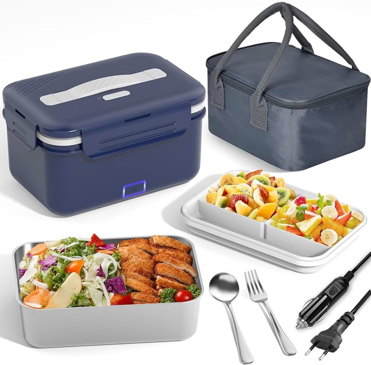 Lunchbox voor volwassenen, 100 W, 3-in-1, 12/24/220 V, met bestek en geïsoleerde lunchtas, lekvrij, grote lunchbox met vakken voor auto, vrachtwagen, kantoor, donkerblauw