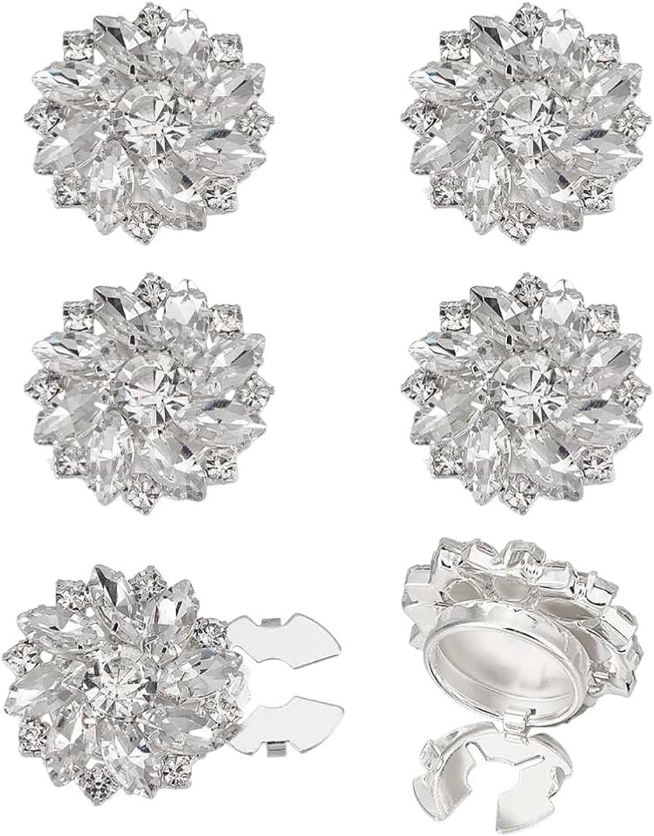 6 Stks Vrouwen Strass Knop Cover Clear Crystal Manchetknopen Knop Cover 25.5mm Diameter Bloemvorm Afneembare Legering Snap Knop Clips Knoppen Sieraden voor Kleding Shirt Decoratie