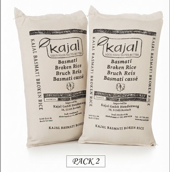 Deux sacs Kajal Basmati Broken Rice 10kg sur un fond blanc. 'PACK 2' est indiqué sous les sacs.