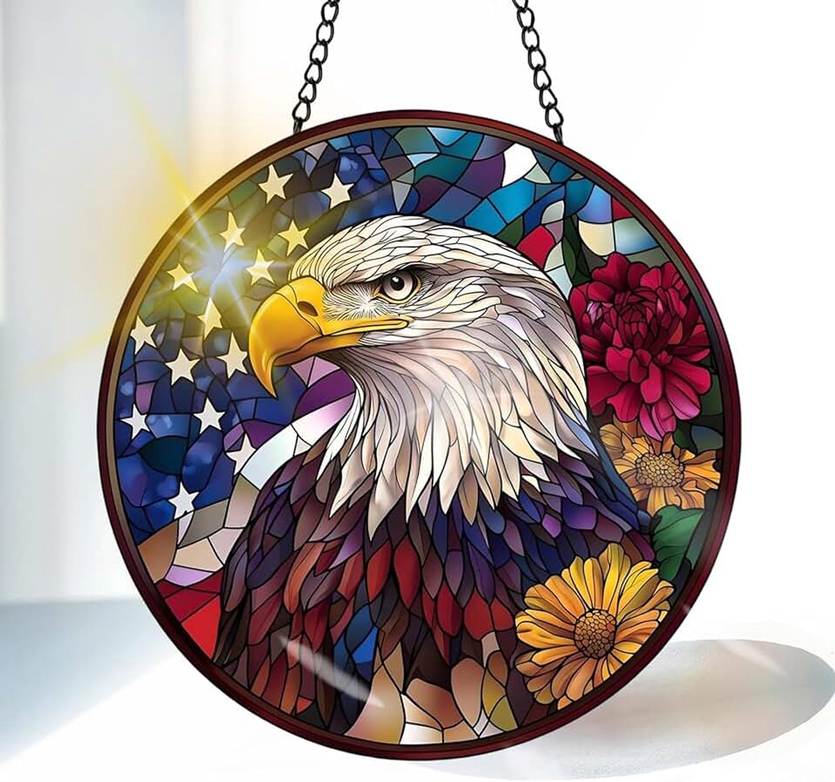 Adelaar Gekleurde Glas Zonnevanger 20 cm, Decoratief Dier Glasraam Ornament met Ketting en Ophanghaak, Raamdecoratie voor Venster, Woonkamer, Tuin of Balkon, Cadeau Idee