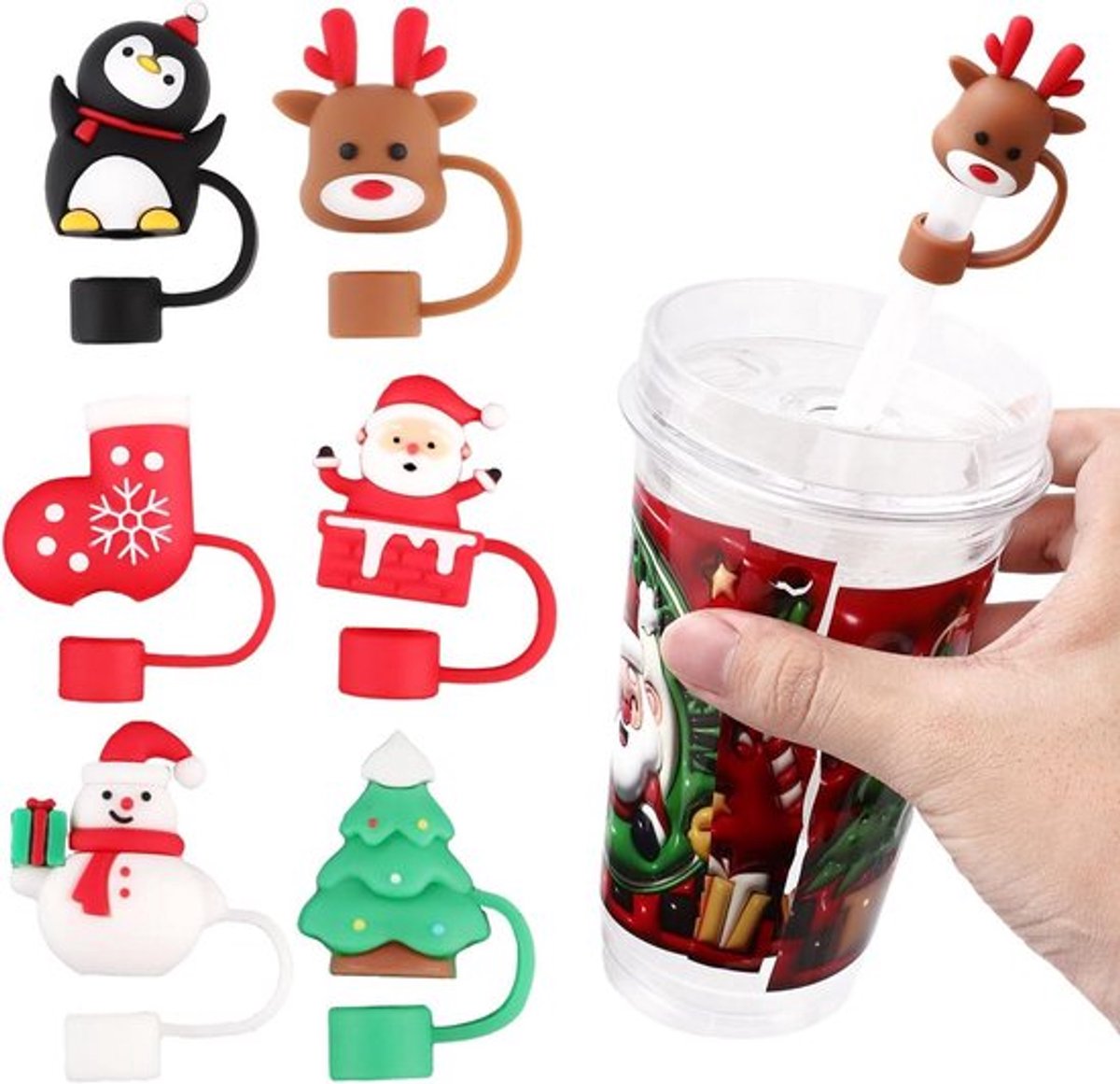 6 Kerststro Deksels voor Reisbeker - Kerstaccessoires met Stro Toppers