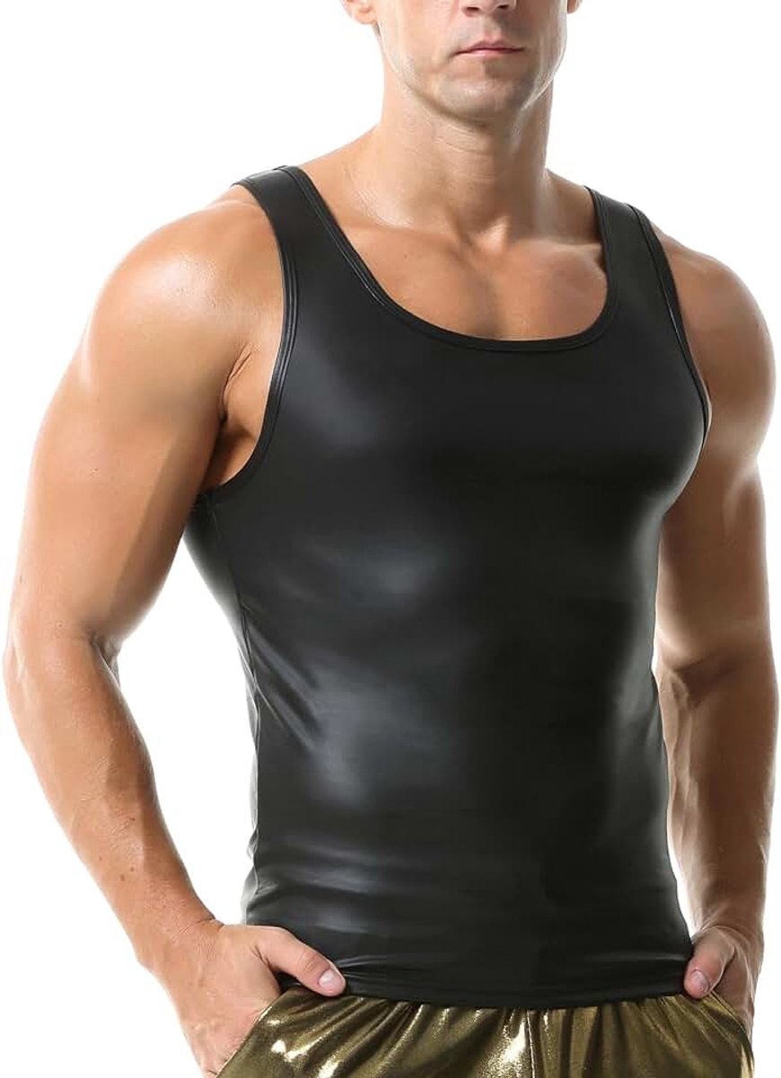 Kunstleer onderhemd wetlook mouwloos mannen spiershirt top onderhemden clubkleding