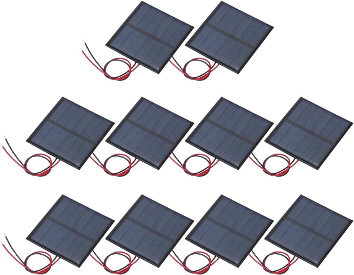 10 stuks miniatuur zonnepanelen, 3 V, 0,375 W, 125 mA, kleine polykristallijne zonnepanelen met 2 kabels voor doe-het-zelf elektrisch speelgoed, 52 mm x 52 mm