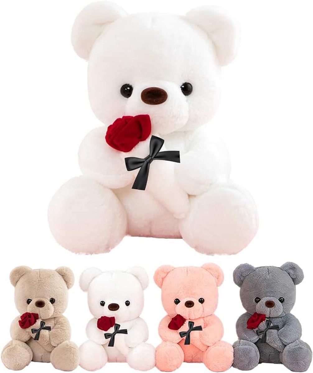 Pluche met Roos, Huwelijkscadeaus voor Dames 25 cm Wit | Pluche Beer met Kleine en Zachte Roos, Bruiloft Jubileum Cadeau, Origineel Cadeaus voor Dames, Kinderen, Vriendin, Meisjes