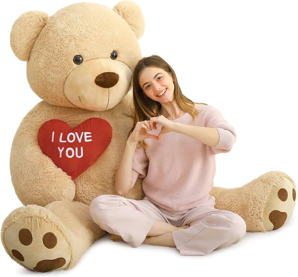 150 cm enorme teddybeer met hart, lichtbruin, grote teddybeer XXL, knuffeldier, pluche beer, XXXL, verjaardagscadeau voor vriendin, meisjes en kinderen