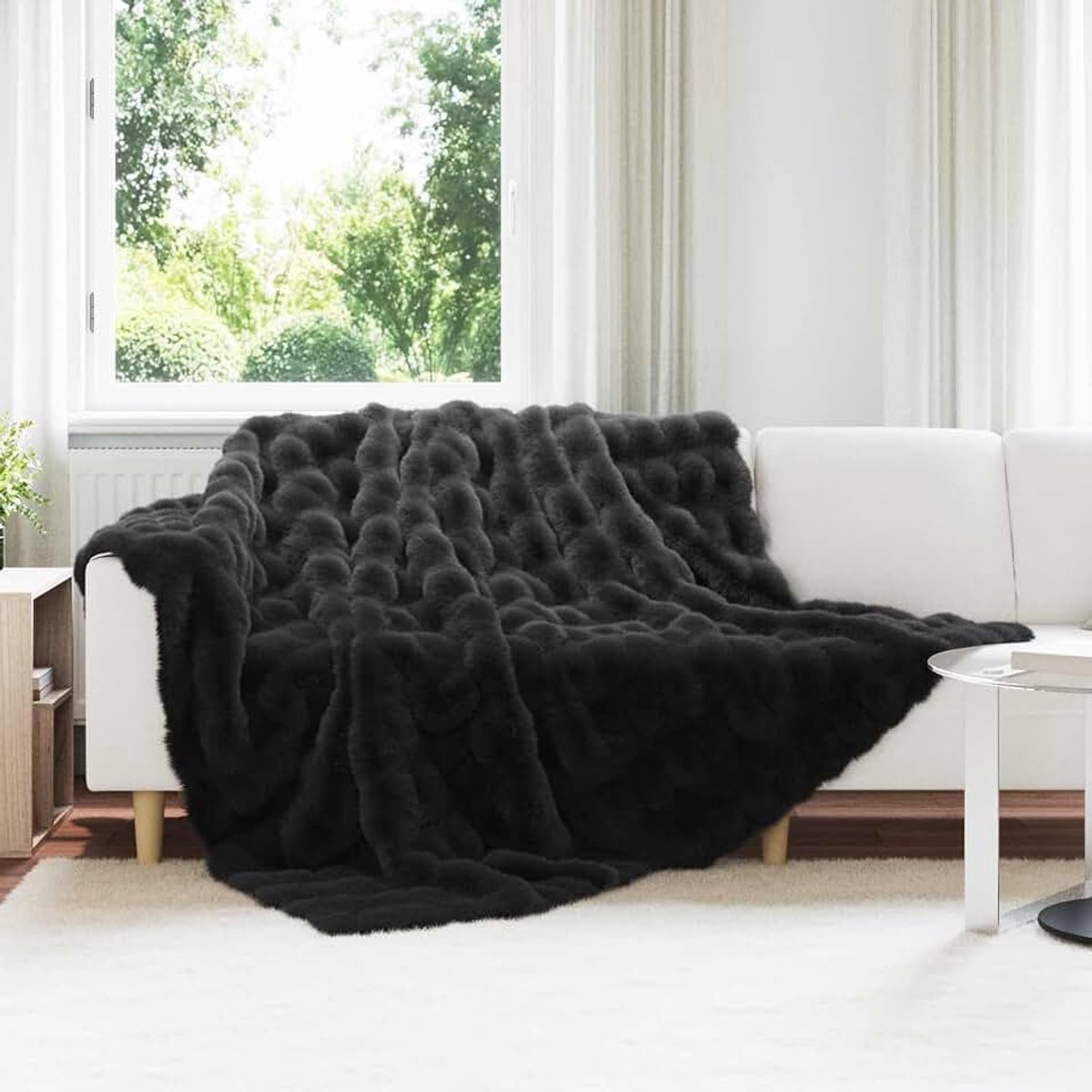 Kunstbont konijnenbont deken zwart, 240 x 270 cm, polyester, voor een comfortabele wintersfeer