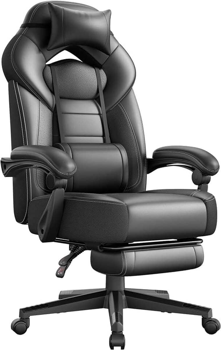 - Ergonomische gamingstoel - Bureaustoel met telescopische voetensteun - Verstelbare hoofdsteun - Lendensteun - Maximale belasting 150 kg - Zwart - OBG077B01