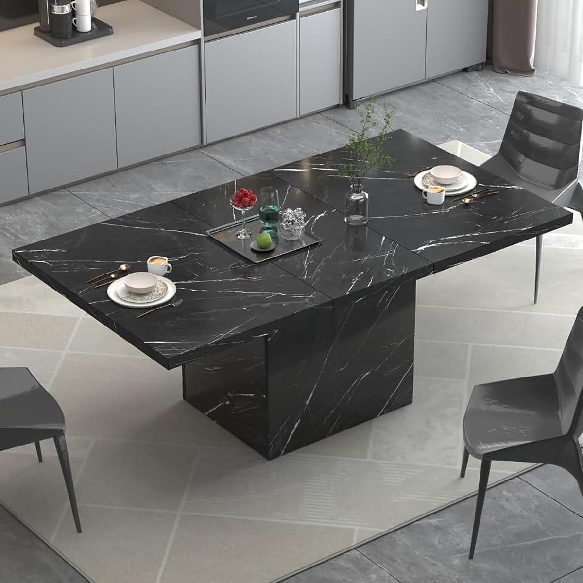 Zwarte Faux Marmeren Eettafel, 63" Moderne Eettafel voor 6 Personen, Boerderij Rechthoekige Keuken Tafel voor Woonkamer, Lange Houten Eetkamer Tafel met Sterk Sokkel, Zwart Marmer, 63"